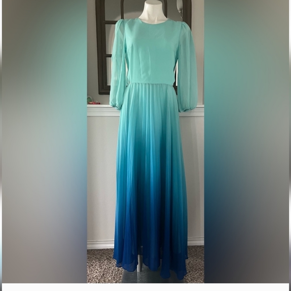 Rachel Roy Blue Fade Long Sleeve Dress With Curve Neckline Maxi Pleated Skirt - Picture 4 of 11